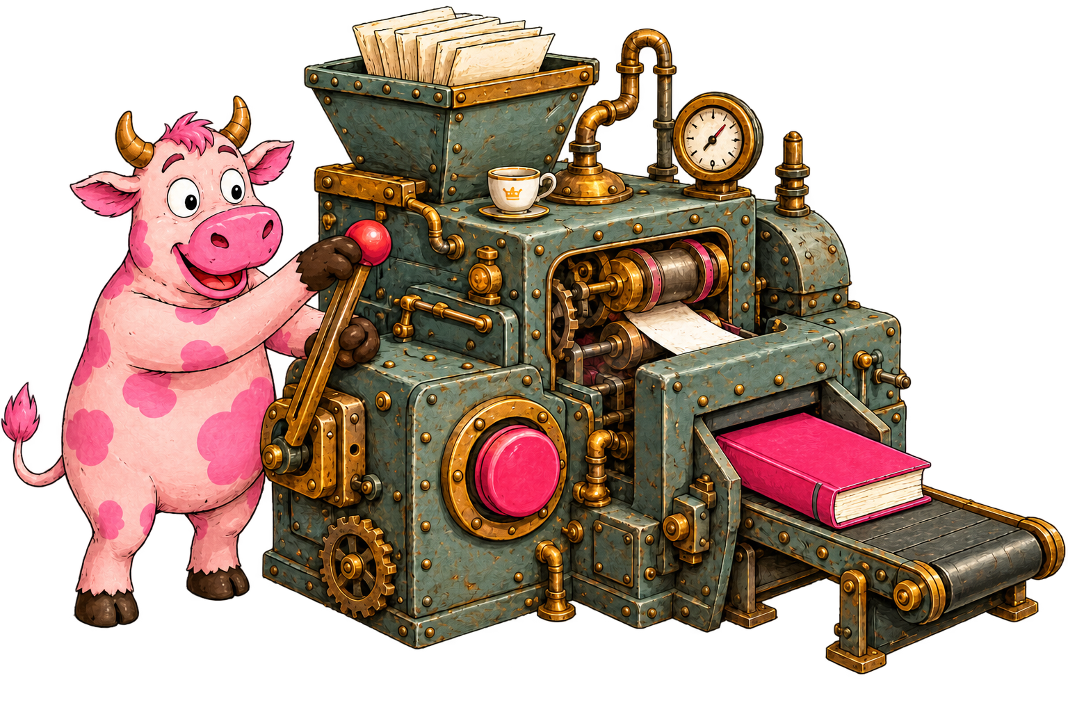 Pink Cow pulling the lever on an eccentric machine as a pink book emerges